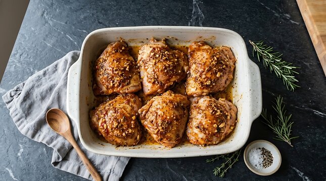 Roasted chicken thighs with vegetables in a baking dish on a dark stone table. boneless chicken thigh