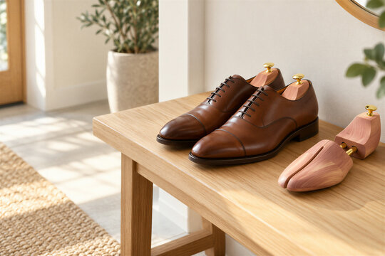 Polished brown leather dress shoes with wooden shoe trees on a sunlit bench