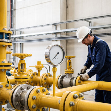 technician in hardhat and safety glasses maintains yellow gas pipe with wrench checking pressure gauge and valves in workshop