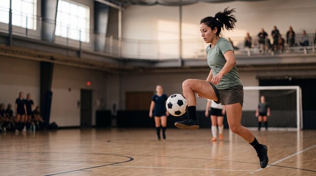 Young asian woman controlling a soccer ball during futsal practice in a gym, with teammates and goal behind her. Female athlete training in recreational sports on an indoor court.