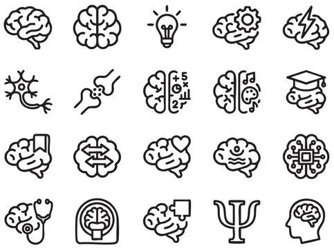 Detailed black and white brain set showcasing anatomy, mental states, academic and medical technology