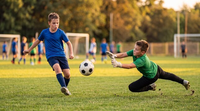 Young caucasian boys play soccer on a grassy field as one dribbles past a diving goalkeeper. Youth soccer training develops athletic skills through outdoor play.