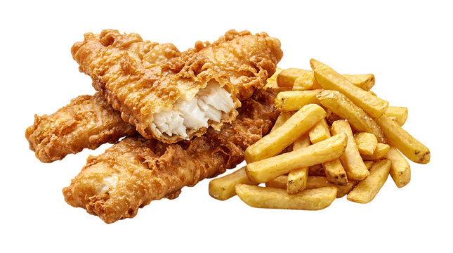 Fried fish and chips meal with flaky isolated on transparent background