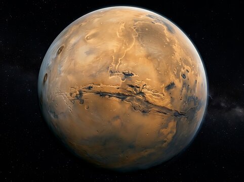 Stunning detailed view of Mars planet floating in deep dark space surrounded by distant twinkling stars, showcasing rusty orange surface and massive canyons.