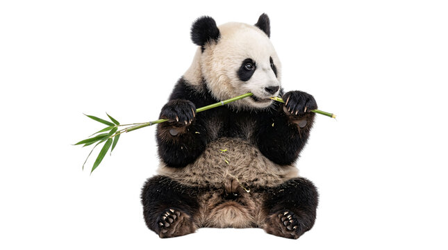 Giant panda eating bamboo stick on isolated on transparent background