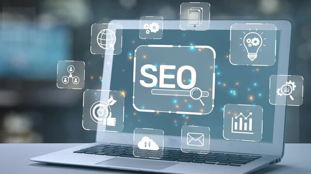 A modern laptop showcases SEO concepts with dynamic icons, symbolizing digital marketing strategies. Ideal for illustrating online success and marketing themes. Salient