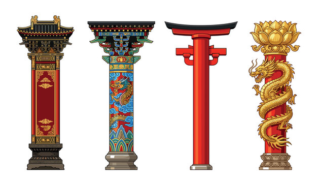 A collection of traditional East Asian columns and Shinto torii gate. Ornate dragon pillars, temple architecture elements, isolated vectors.