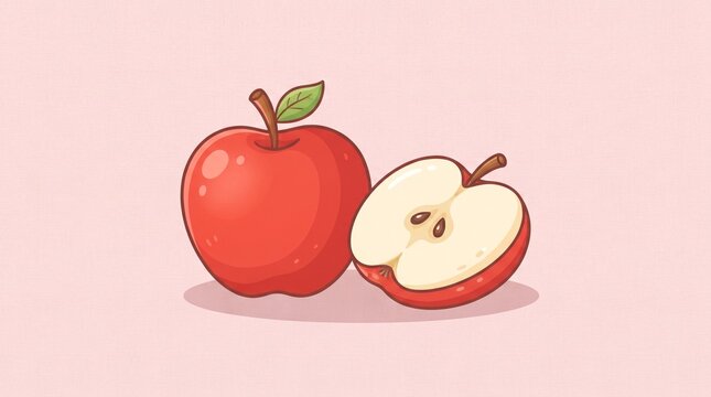 Cute red apple illustration with half cut sliced apple on pastel pink background, fruit vector icon