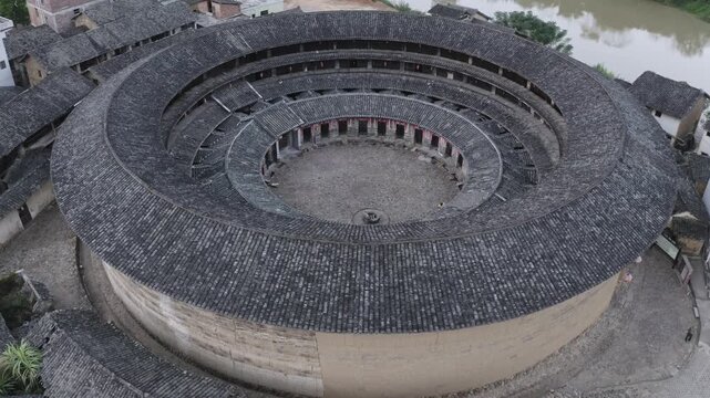 Aerial View of Circular Hakka Tulou Earthen Building in Fujian, China