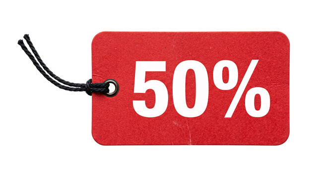 Red 50% off sale tag with black string, isolated on transparent background
