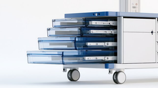 Mobile medical supply trolley displays blue translucent storage drawers open in a staggered staircase configuration.