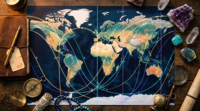 Astrocartography world map with astrological lines and travel planning tools on a wooden table