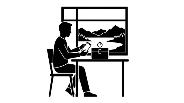 Black and white silhouette of focused man using phone at desk with mountain view window