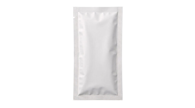 Single white sachet packet with silver isolated on transparent background