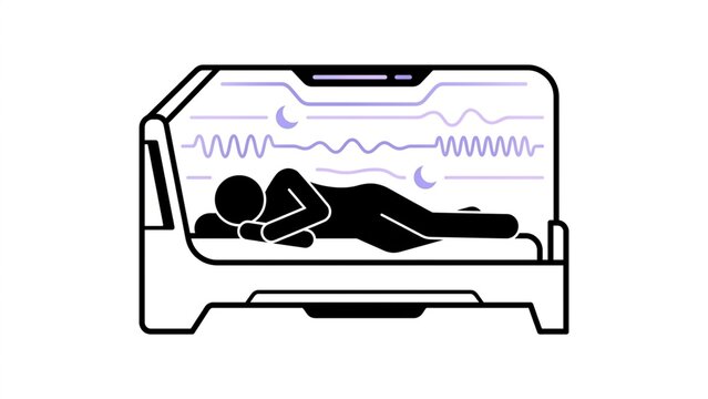 Flat vector illustration of a person sleeping in a futuristic high-tech bio-hacking sleep capsule