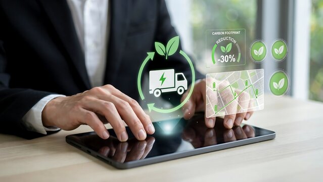 Businessman touching holographic screen showing electric truck in recycling loop with growth charts for sustainability