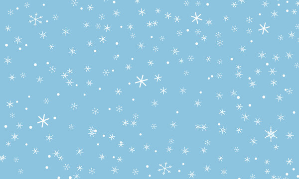 A serene winter season decorative texture featuring falling snowflakes and dots randomly scattered across a soft light blue pastel color background surface.