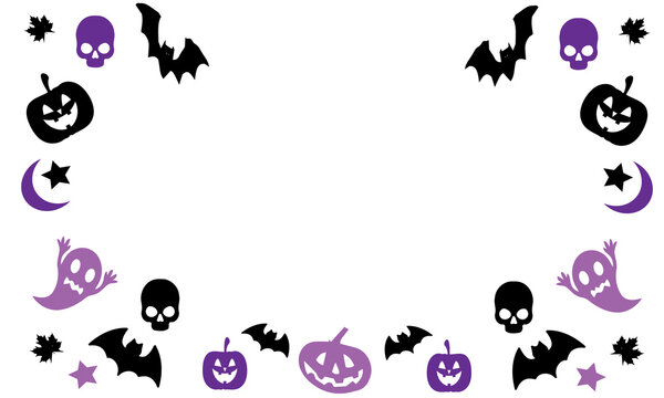 Spooky Halloween frame with black and purple icons, cute pumpkin and bat border with copy space, ghost and skull background for party design
