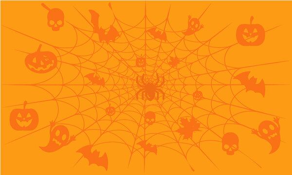 Spooky Halloween spiderweb background, orange party holiday design, creepy web pattern with pumpkins ghosts and bats