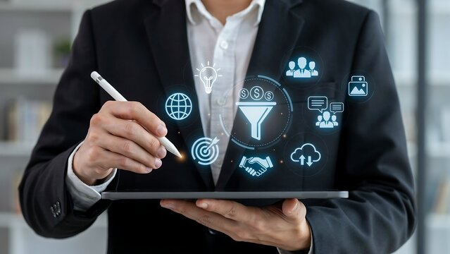Businessman with stylus touching digital sales funnel interface on tablet with glowing icons during concept illustration