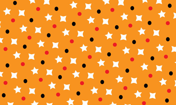 Vibrant festive wallpaper featuring a seamless pattern of stars and alternating red and black polka dots arranged beautifully on a bright orange surface,