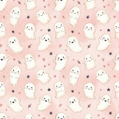 Fototapeta premium Cute seamless pattern with friendly white ghosts on a soft pastel pink watercolor background