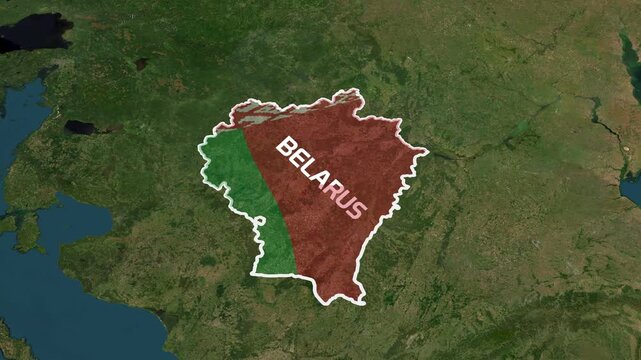 Belarus Glowing Map Outline and Flag Zoom In and Out Animation on World Satellite Map