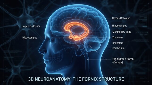 3D human brain anatomy showing the orange fornix structure illustration