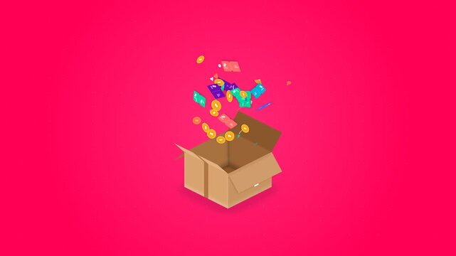 Cardboard box opening animation featuring colorful floating gift cards and golden coins exploding upwards against a vibrant pink background for motion graphics