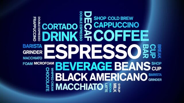 Espresso coffee animated word cloud-animation tag kinetic typography seamless loop.