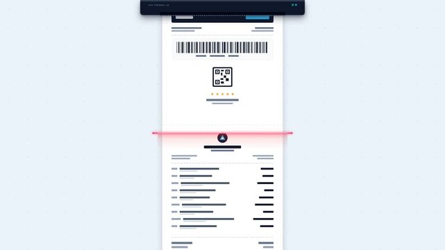 Receipt printer mechanism scanning a long paper bill with red laser light in motion motion graphics animation clip footage
