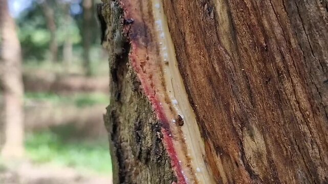 Close-up of Phytophthora infection in rubber tree bark, showing disease lesions affecting vascular tissues and demonstrating plant pathology and agricultural disease damage.