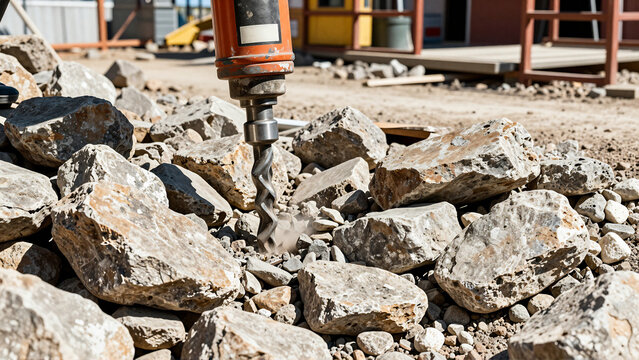 Hydraulic rock breaker drilling stones on construction site