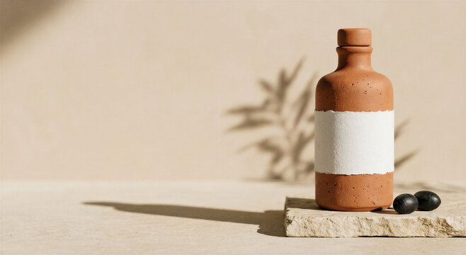 Blank label on terracotta ceramic olive oil bottle with stopper, black olives on raw limestone plinth, olive branch shadow and beige copy space for gourmet food packaging and premium culinary branding
