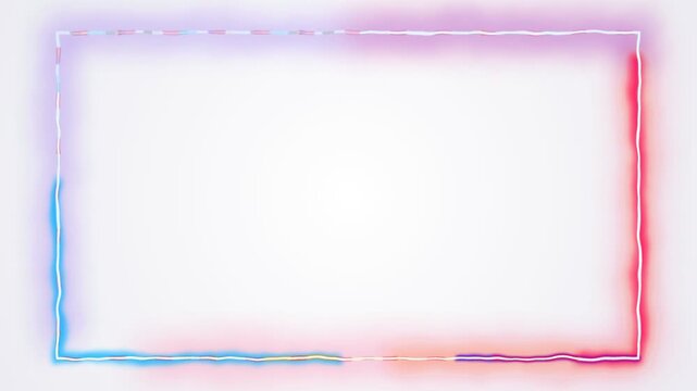 Abstract glowing rectangular frame with neon pink and blue lights on white background