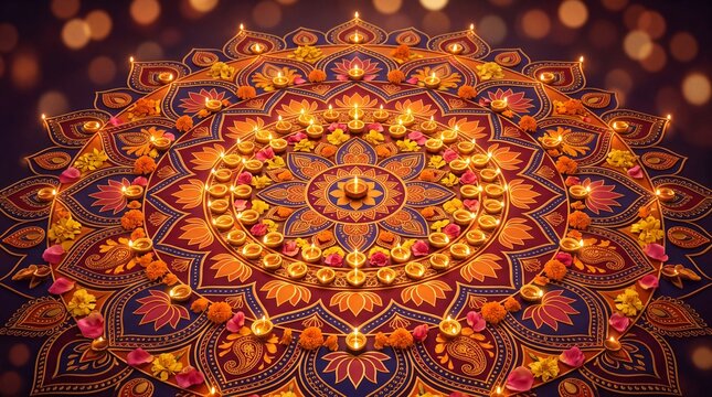 Diwali- festival of lights vektor rangoli with glowing diyas