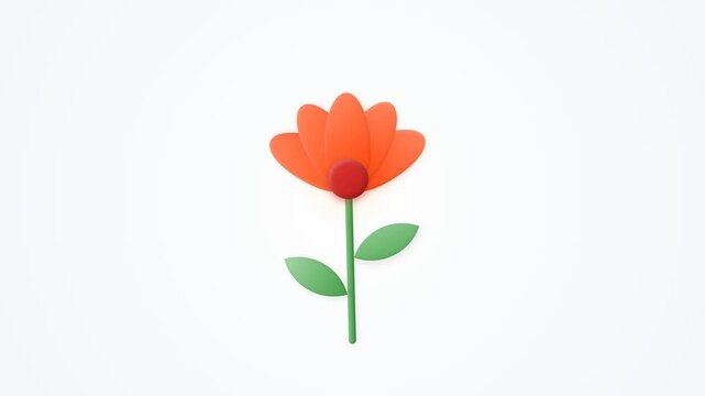 Simple orange flower with green stem and leaves on white background