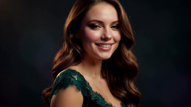 Elegant woman in green sequin dress looking down thoughtfully
