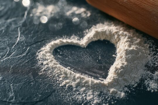 Heart shape drawn in white flour on a dark baking table with a rolling pin nearby, homemade baking love and recipe idea flat lay scene