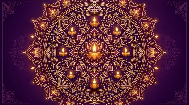 Diwali- festival of lights vektor with golden mandala and diyas