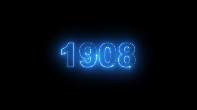 Animated glowing blue neon light year 1907 number isolated on dark background