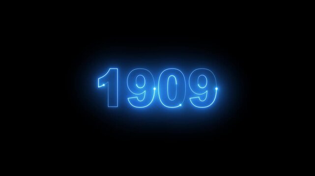 Animated glowing blue neon light year 1909 number isolated on dark background