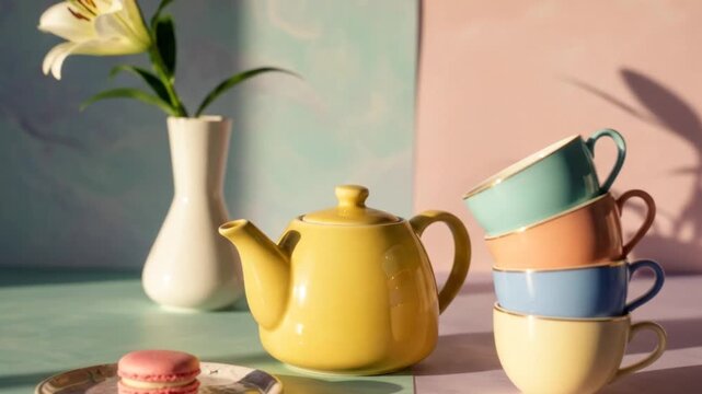 Pastel Tea Set with Yellow Teapot and Macaron