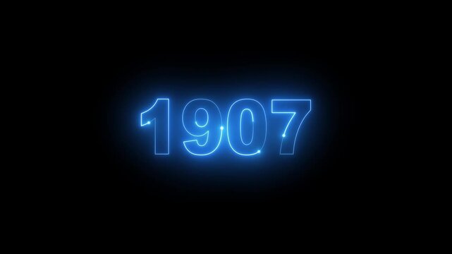Animated glowing blue neon light year 1907 number isolated on dark background
