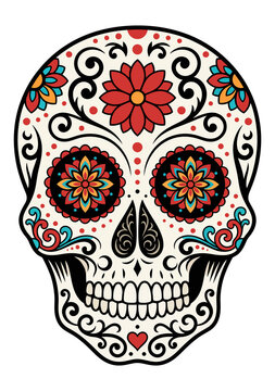 Ornate sugar skull vector illustration with floral eyes and elaborate scrollwork