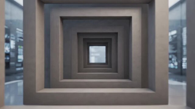 Abstract concrete architectural tunnel with receding square frames.