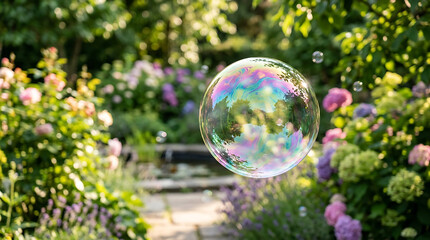 Fototapeta premium Floating iridescent soap bubble showing vibrant rainbow colors with delicate spherical shape outdoors