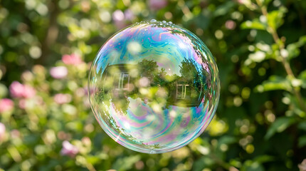 Fototapeta premium Iridescent soap bubble floating with vibrant rainbow colors reflecting light on its glossy spherical surface