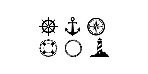 Nautical marine icon collection features black steering wheel anchor compass lifebuoy rope and lighthouse symbols. © akash
