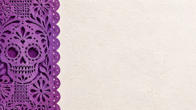 Purple paper cutout skull pattern border on light background for traditional cultural holiday